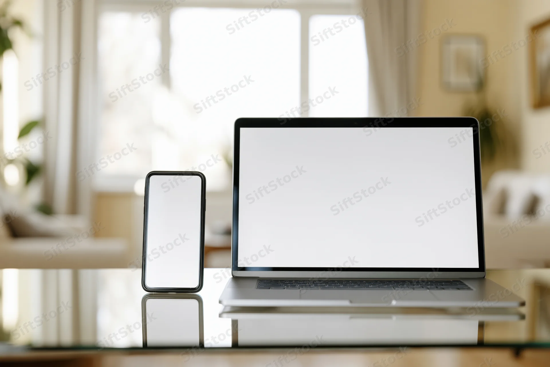 Laptop and smartphone with blank screens on a reflective glass desk in a bright home office