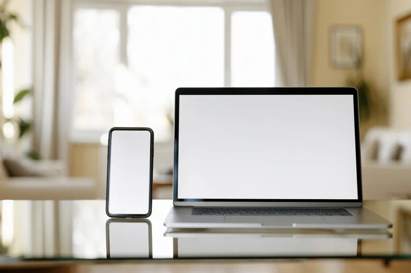 Laptop and smartphone with blank screens on a reflective glass desk in a bright home office