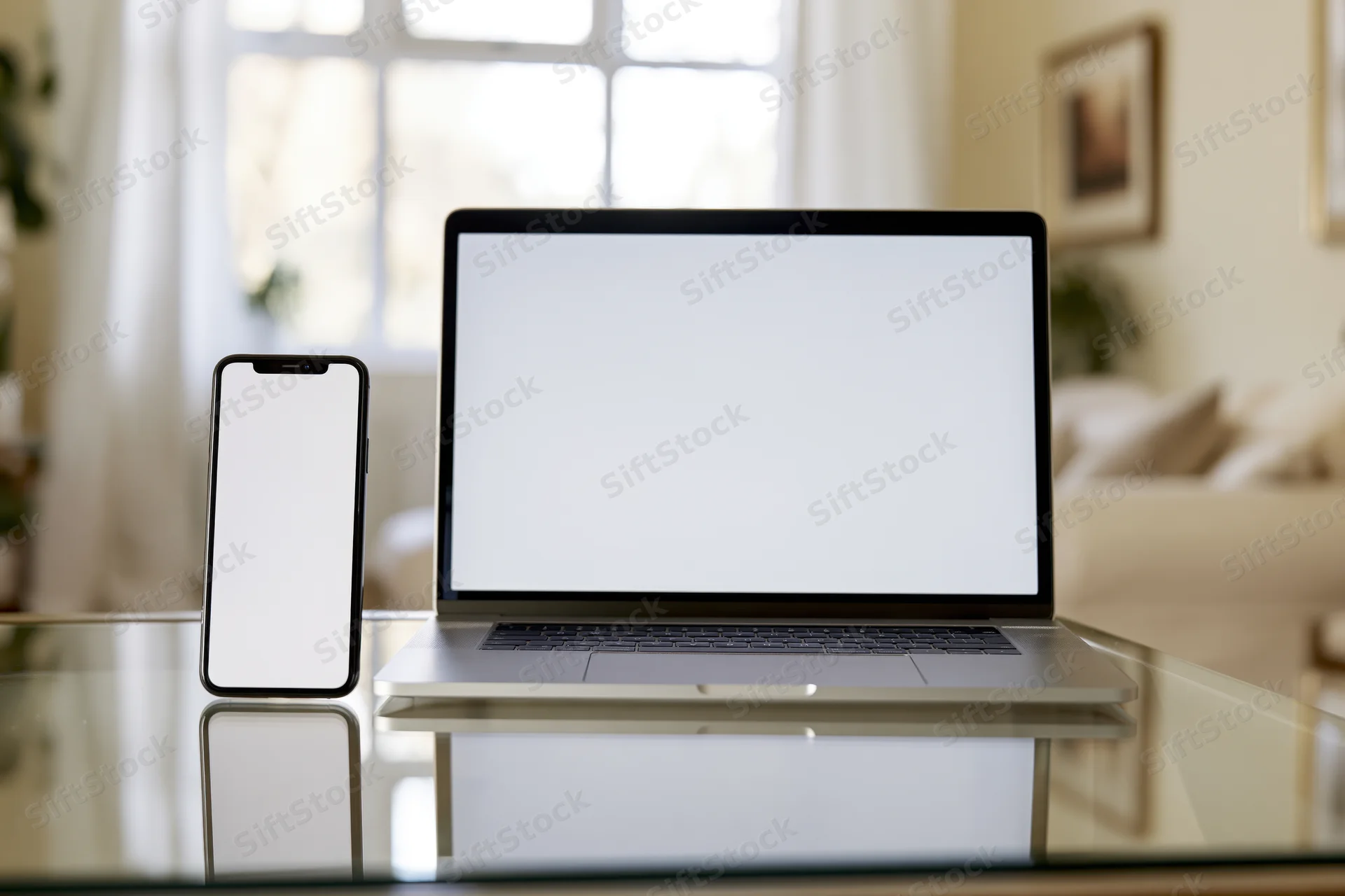 Laptop and smartphone with blank screens on a reflective glass table in a living room