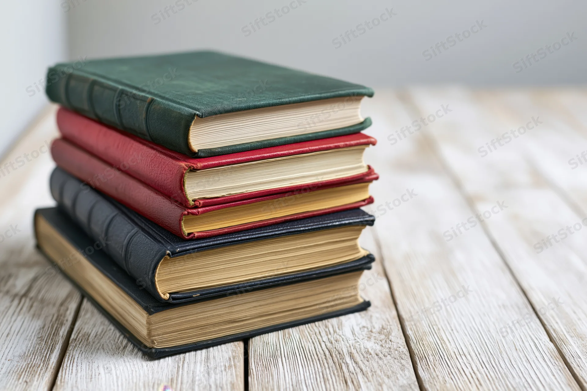 Stack of worn hardcover books on a wooden table