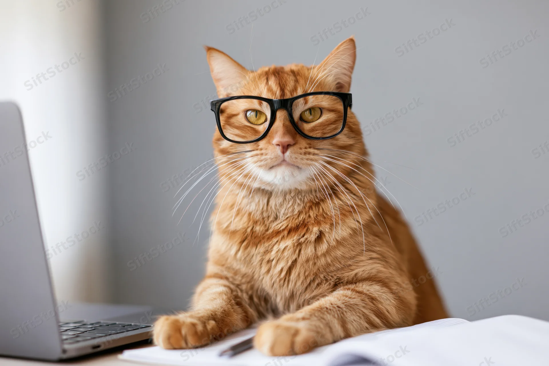 Ginger tabby cat wearing black-rimmed glasses sitting at a desk with a laptop and papers, focused on work
