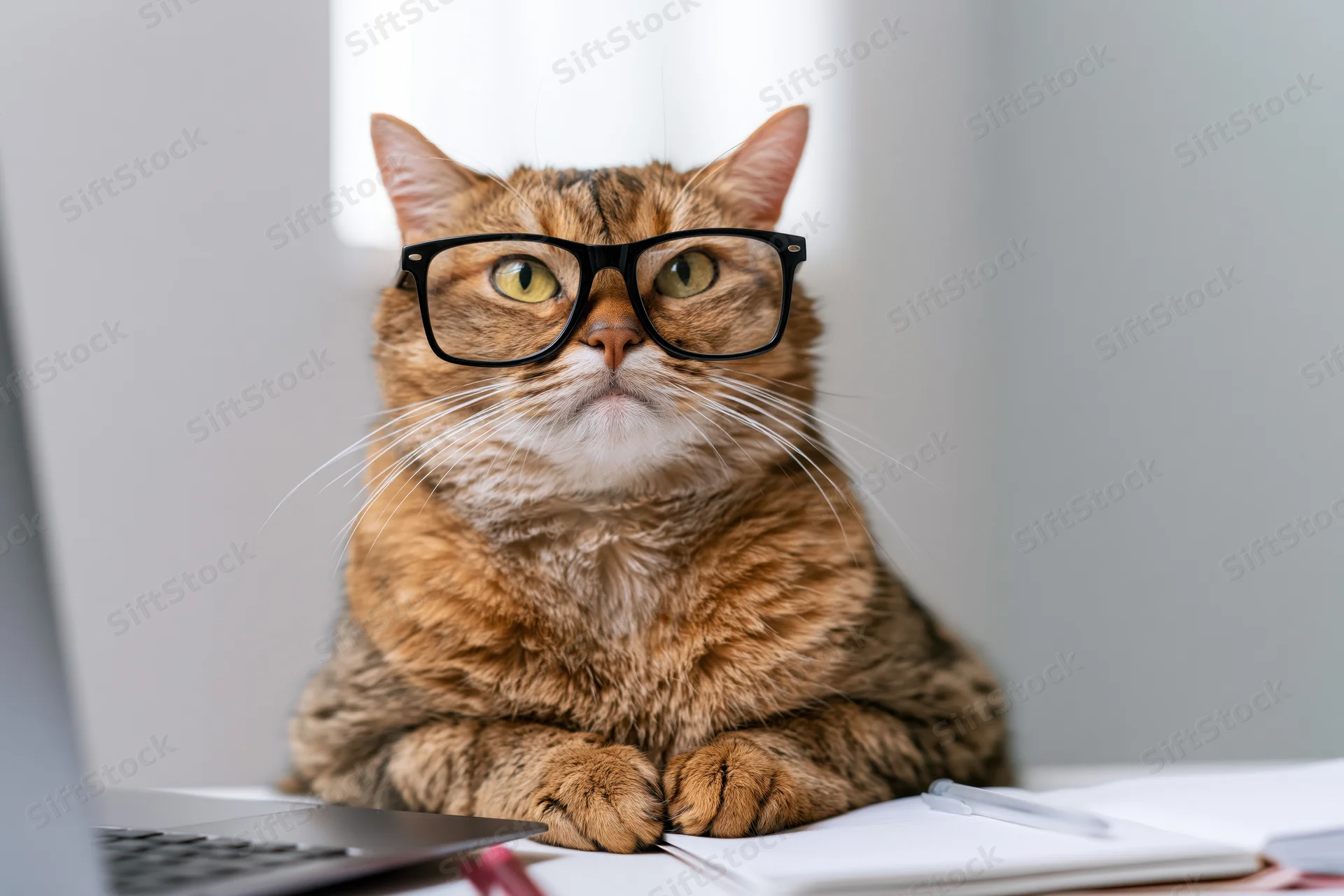 Tabby cat wearing black-rimmed glasses sitting upright at a desk with laptop and notebook