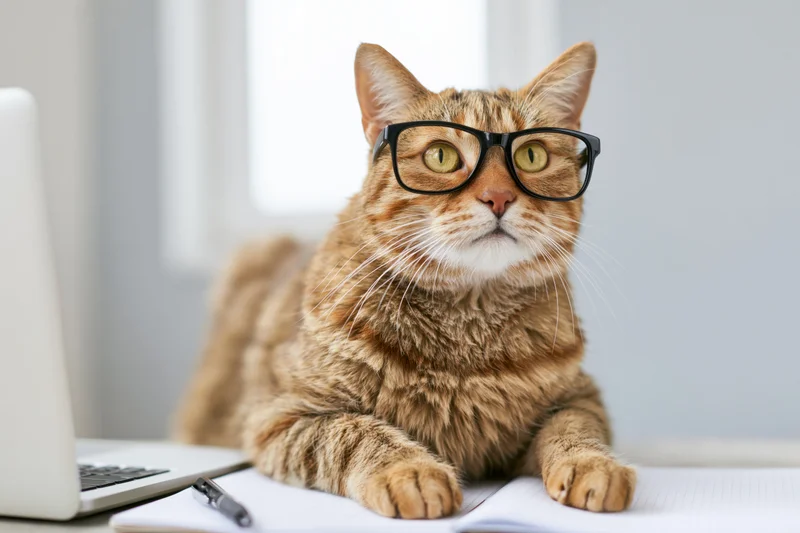 Tabby cat wearing black-rimmed glasses sitting at a desk with laptop and notebook