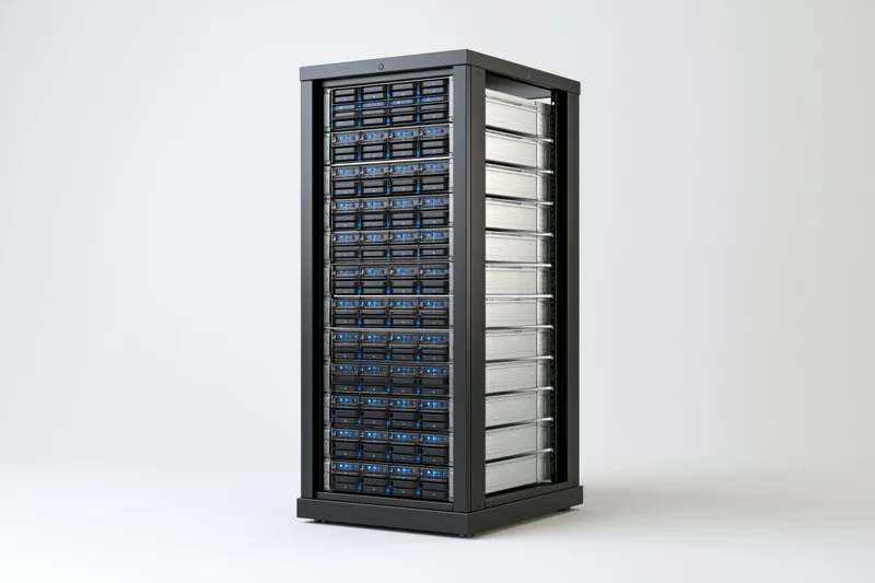 Tall black server rack tower with stacked drives and blue lights on white background