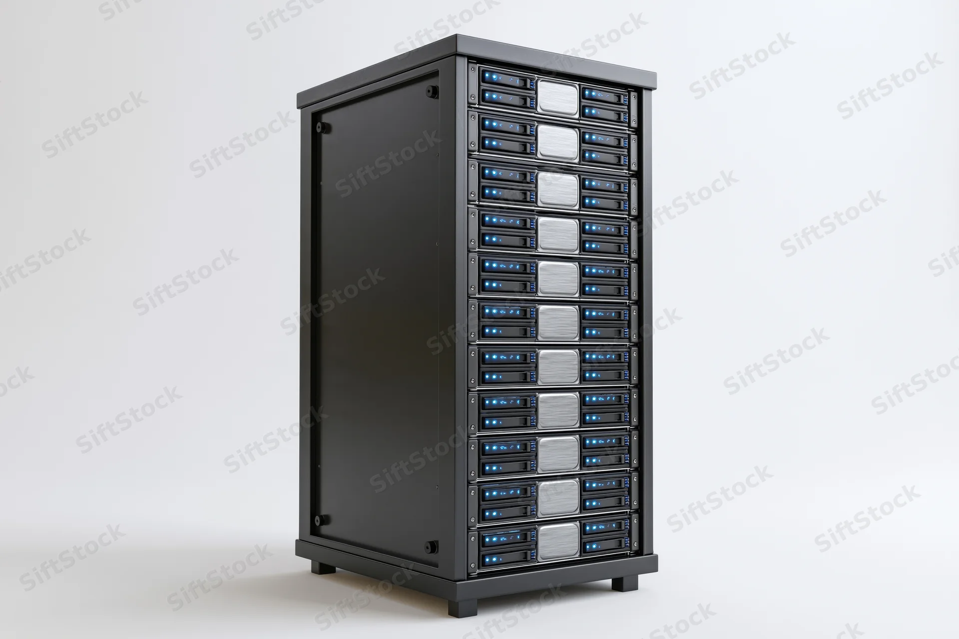 Tall black server rack tower with multiple drive bays and blue led indicators on white background