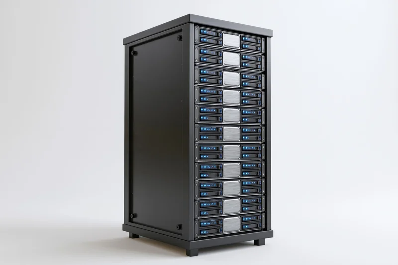 Tall black server rack tower with multiple drive bays and blue led indicators on white background