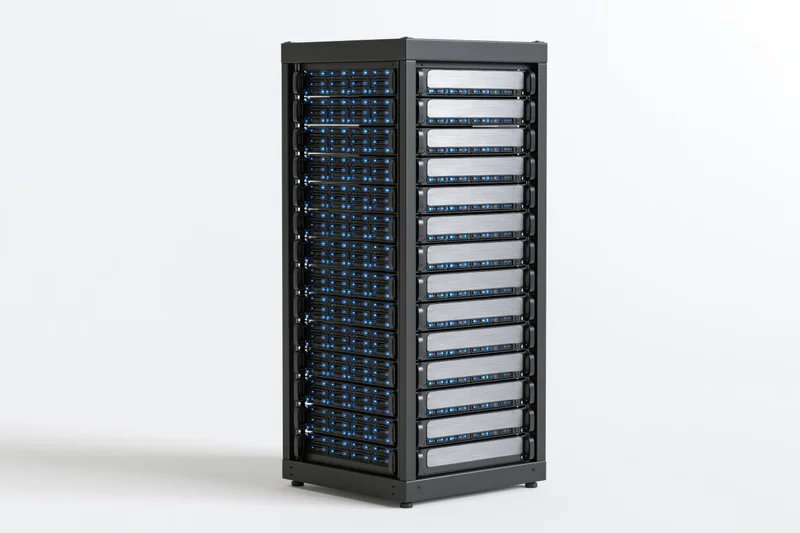 Tall black server rack tower with blue LED lights and drive bays on white background