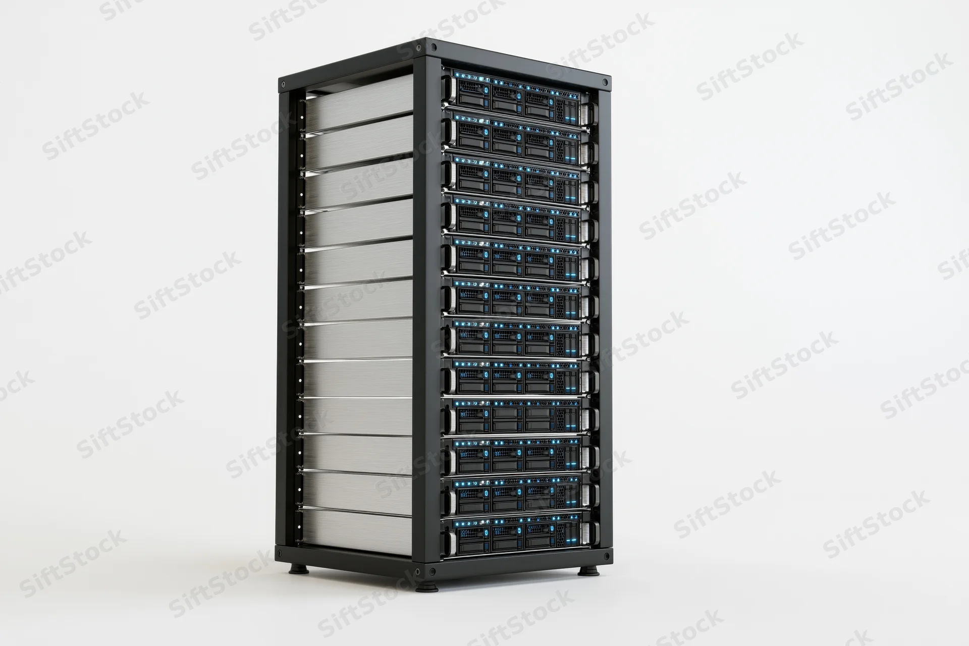 Tall black server rack tower stacked with multiple drive bays and blue indicator lights on a plain white background