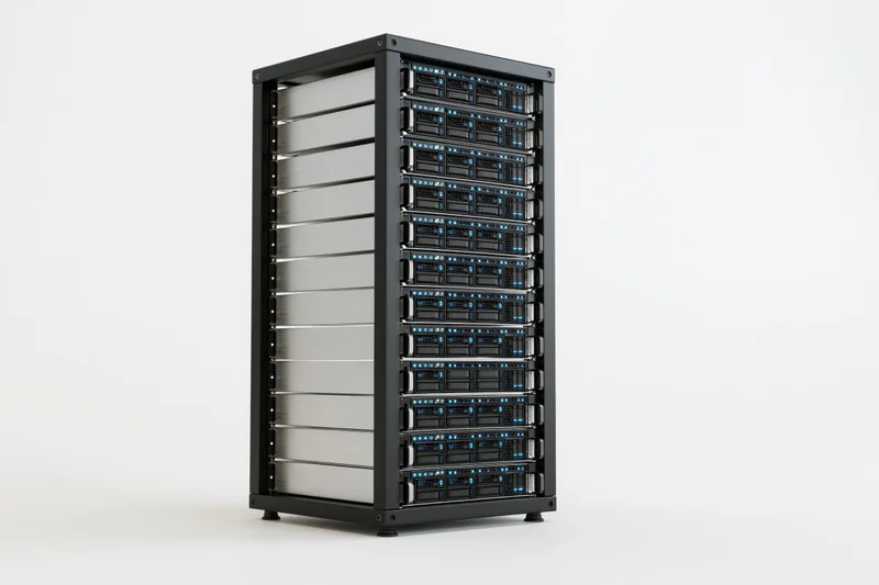 Tall black server rack tower stacked with multiple drive bays and blue indicator lights on a plain white background