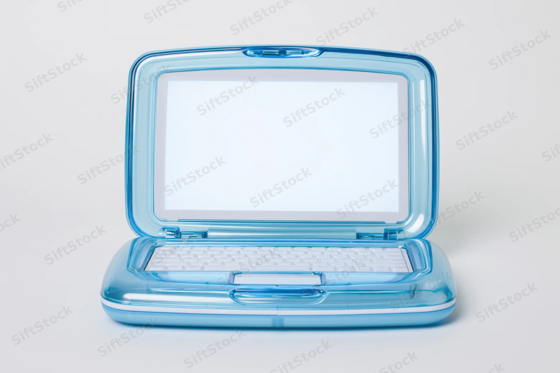 Translucent blue plastic childrens toy laptop open with blank screen and white keyboard on white background