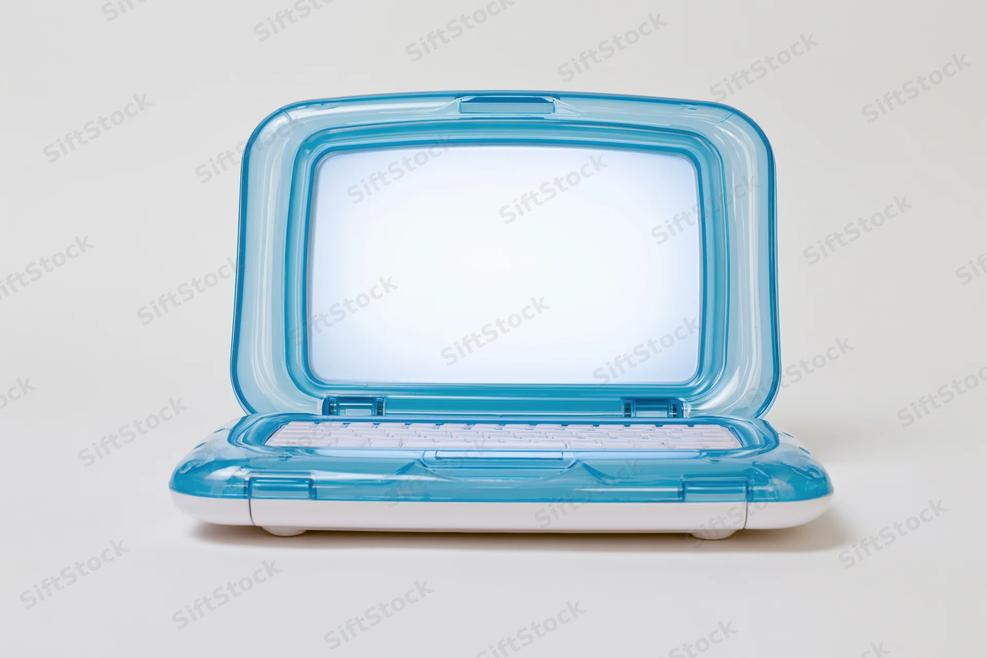 Translucent blue plastic childrens toy laptop open on white surface