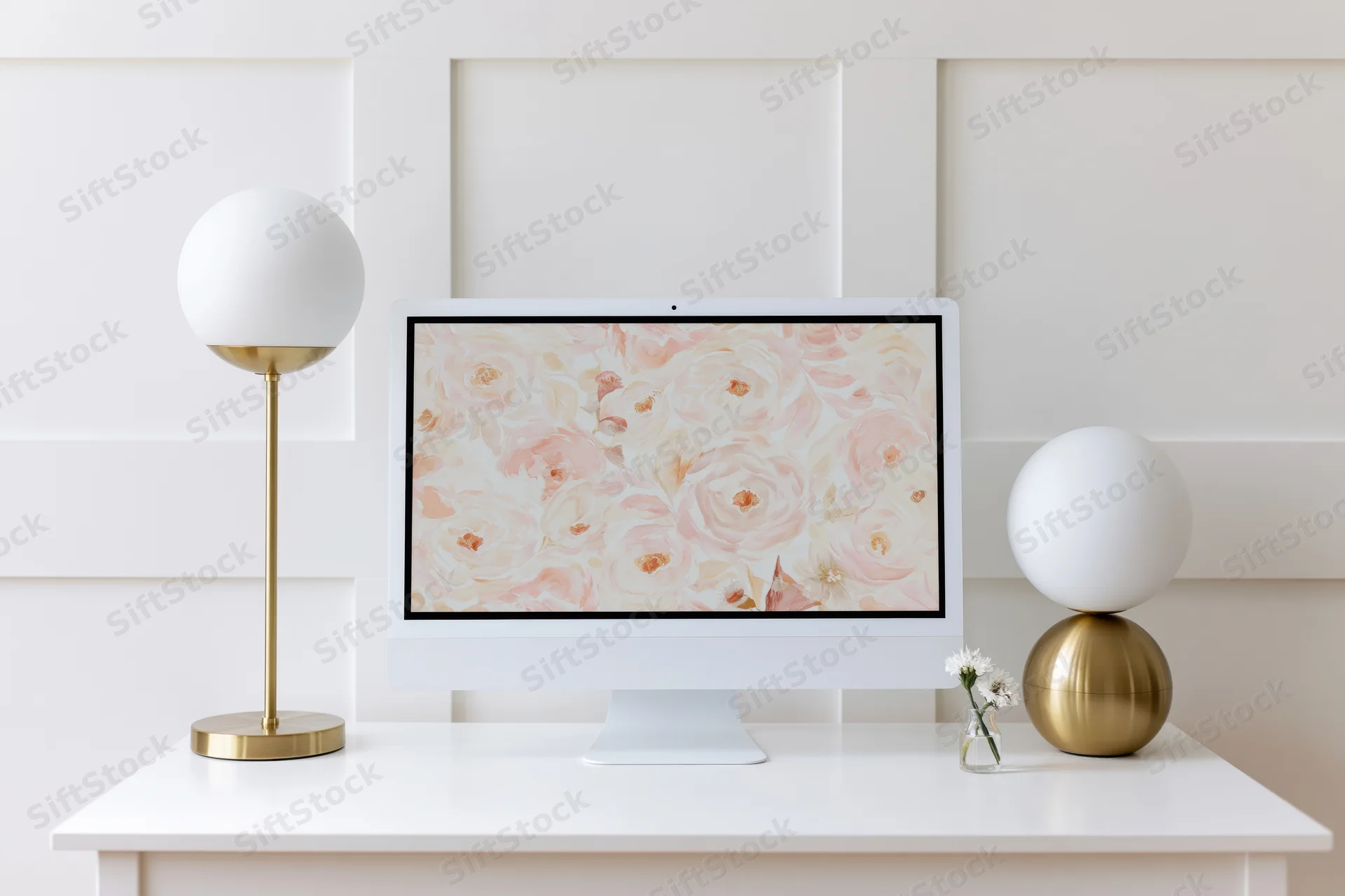 White desktop computer displaying floral wallpaper on a minimalist white desk with gold lamps and small vase of flowers