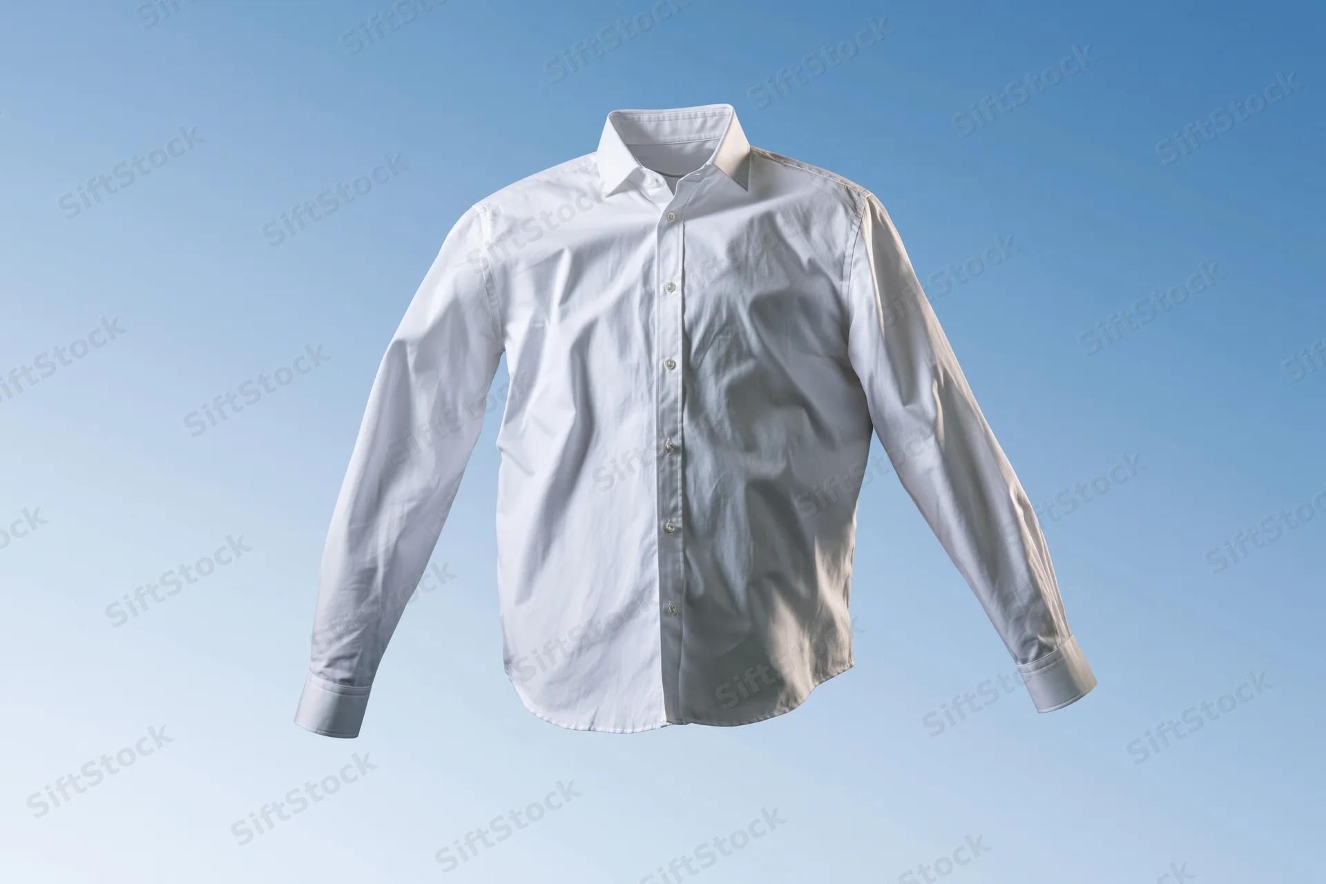 White long-sleeve button-up dress shirt floating mid-air with one half crisp and one half wrinkled against a blue gradient background
