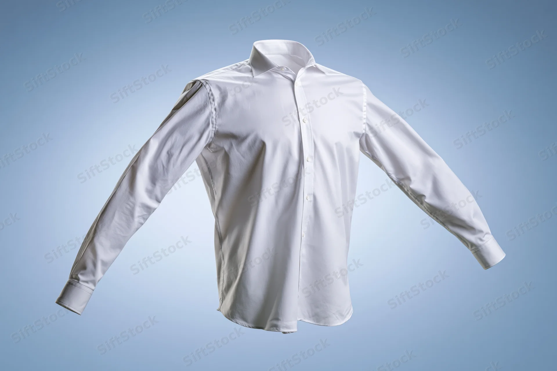 White long-sleeve button-up dress shirt floating mid-air against a light blue gradient background