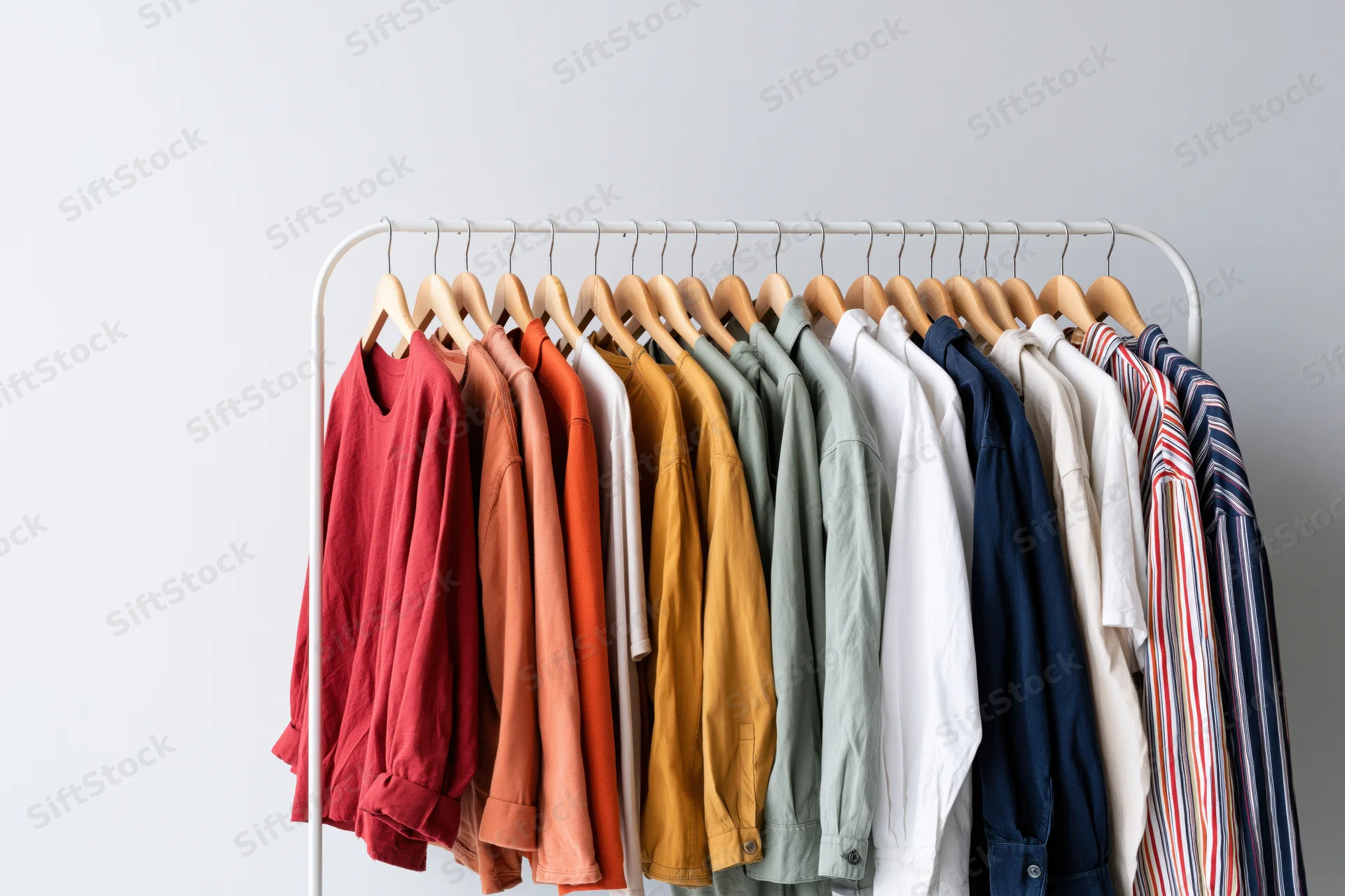 Women's casual t-shirts and shirts arranged on a white metal rack against a plain wall