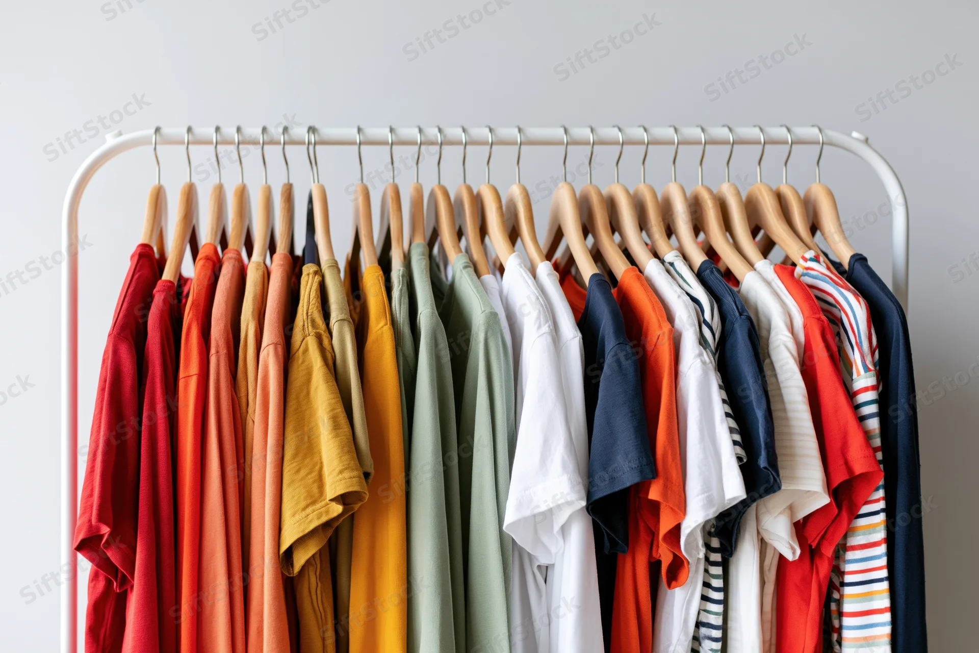 Colorful casual women's tshirts hanging on a white metal rack with wooden hangers