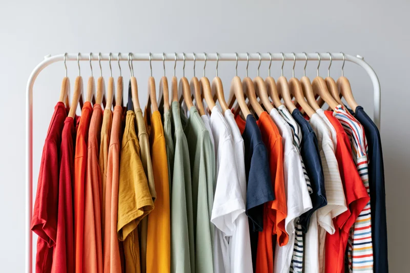 Colorful casual women's tshirts hanging on a white metal rack with wooden hangers