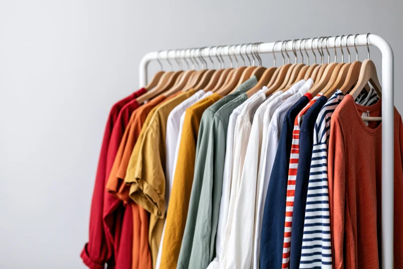 Colorful casual women's t-shirts hanging on a white metal rack against a plain background