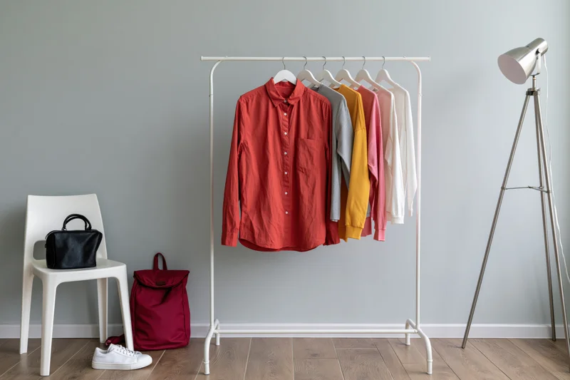 White metal clothing rack holding shirts and accessories in a minimalist room