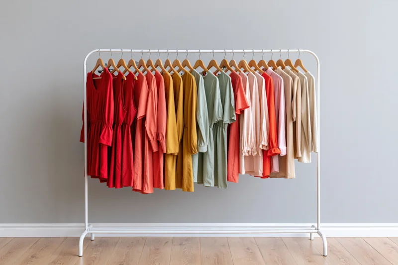 Row of women's casual dresses on a white metal rack against a gray wall in a minimalist interior