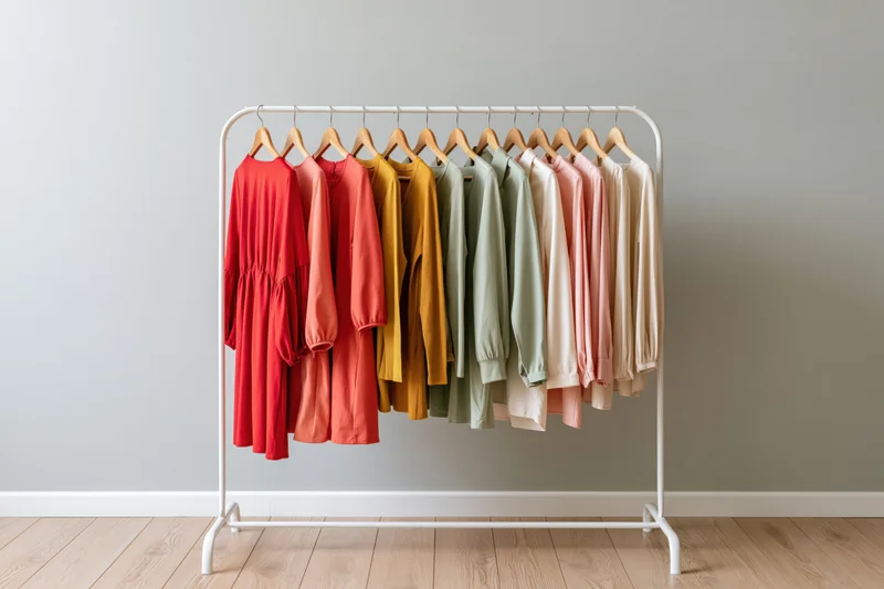 Row of women's casual dresses on a white metal rack in a minimalist room