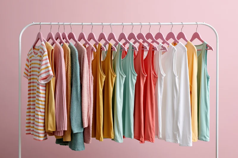 Women's tops in pastel colors hanging on a white metal rack against a pink wall