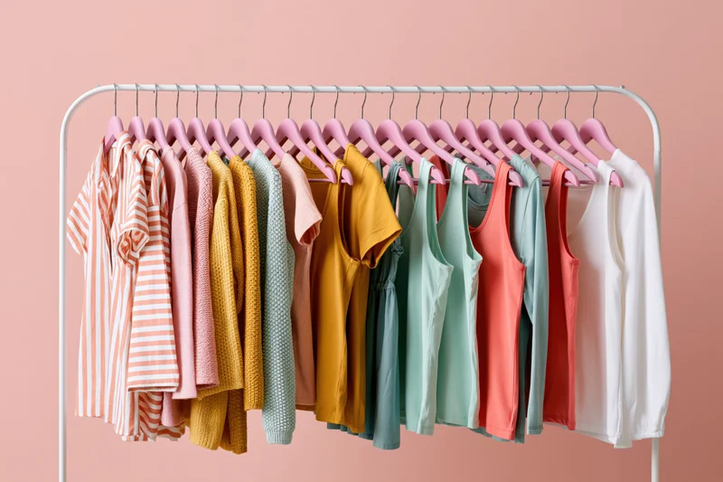 Women's tops arranged on a white metal rack against a pink background