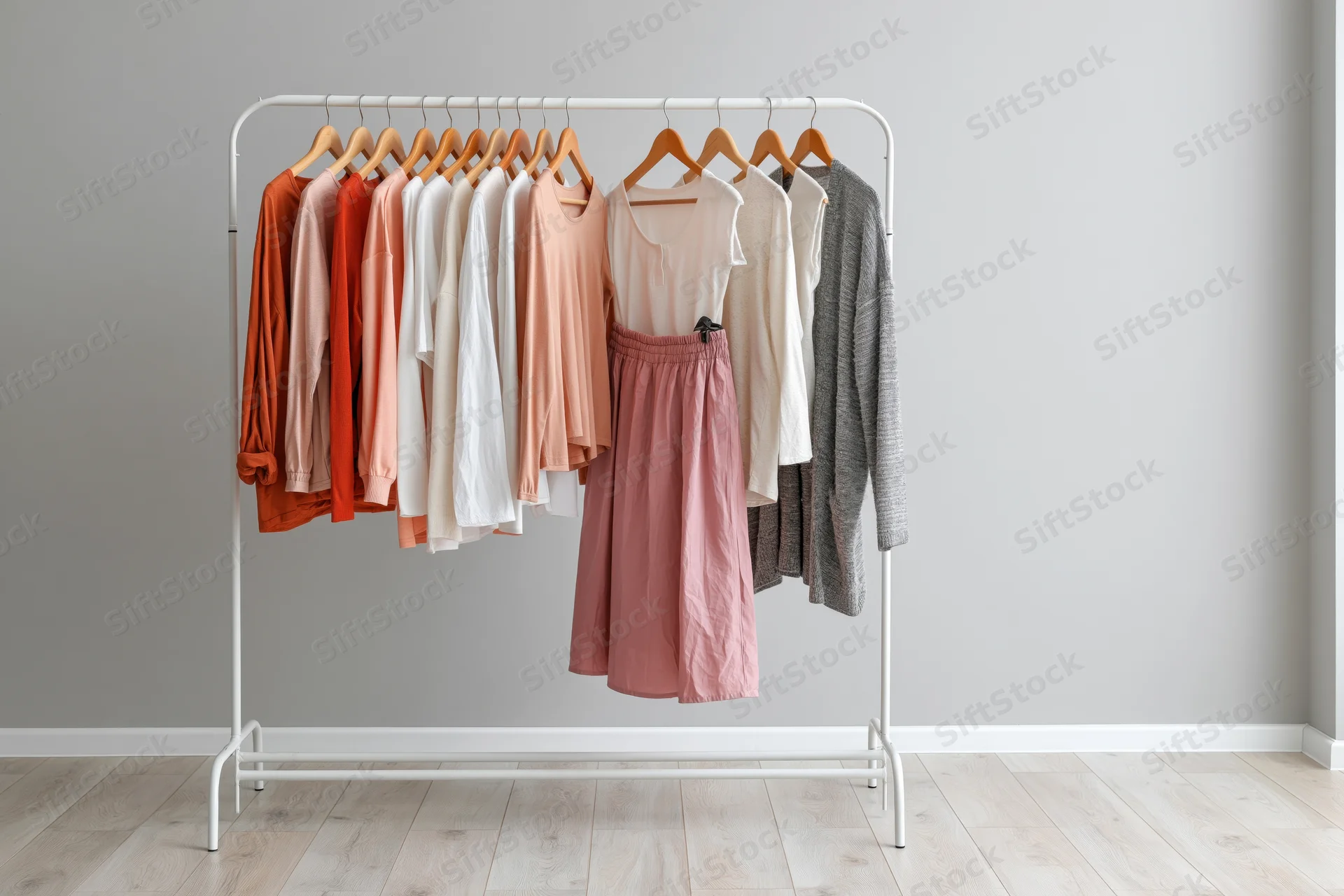 White metal clothing rack holding casual women's garments in neutral tones against a gray wall in a minimalist room