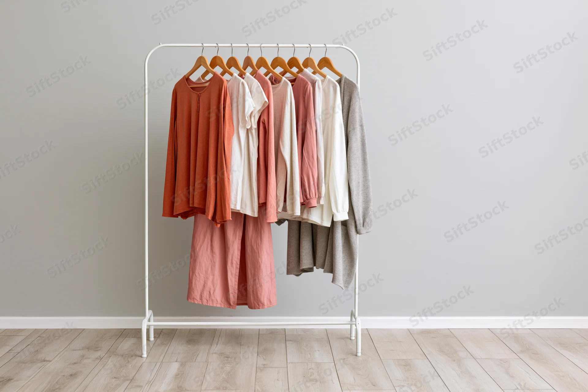 White metal clothing rack holding casual garments in soft pastel colors against a neutral wall in a minimalist room