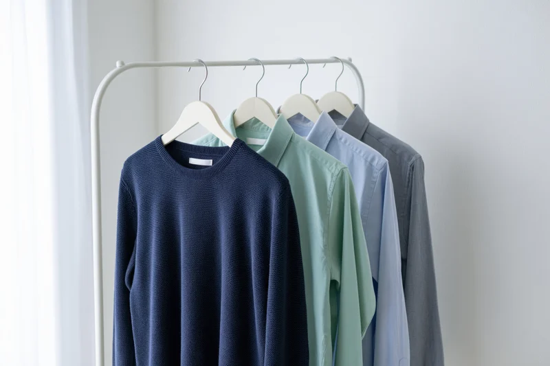 Several garments including a sweater and shirts hanging on a white metal rack in a minimalist room