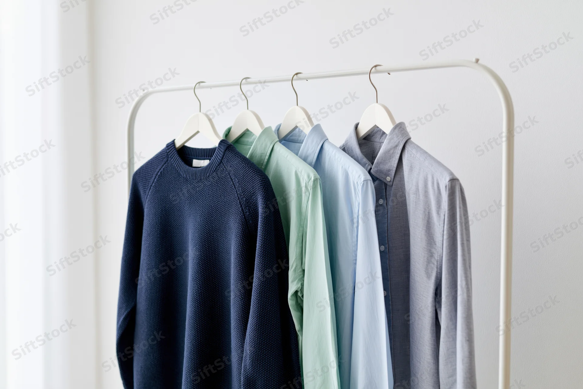 Several garments including a sweater and shirts hanging on a white metal rack in a minimalist interior