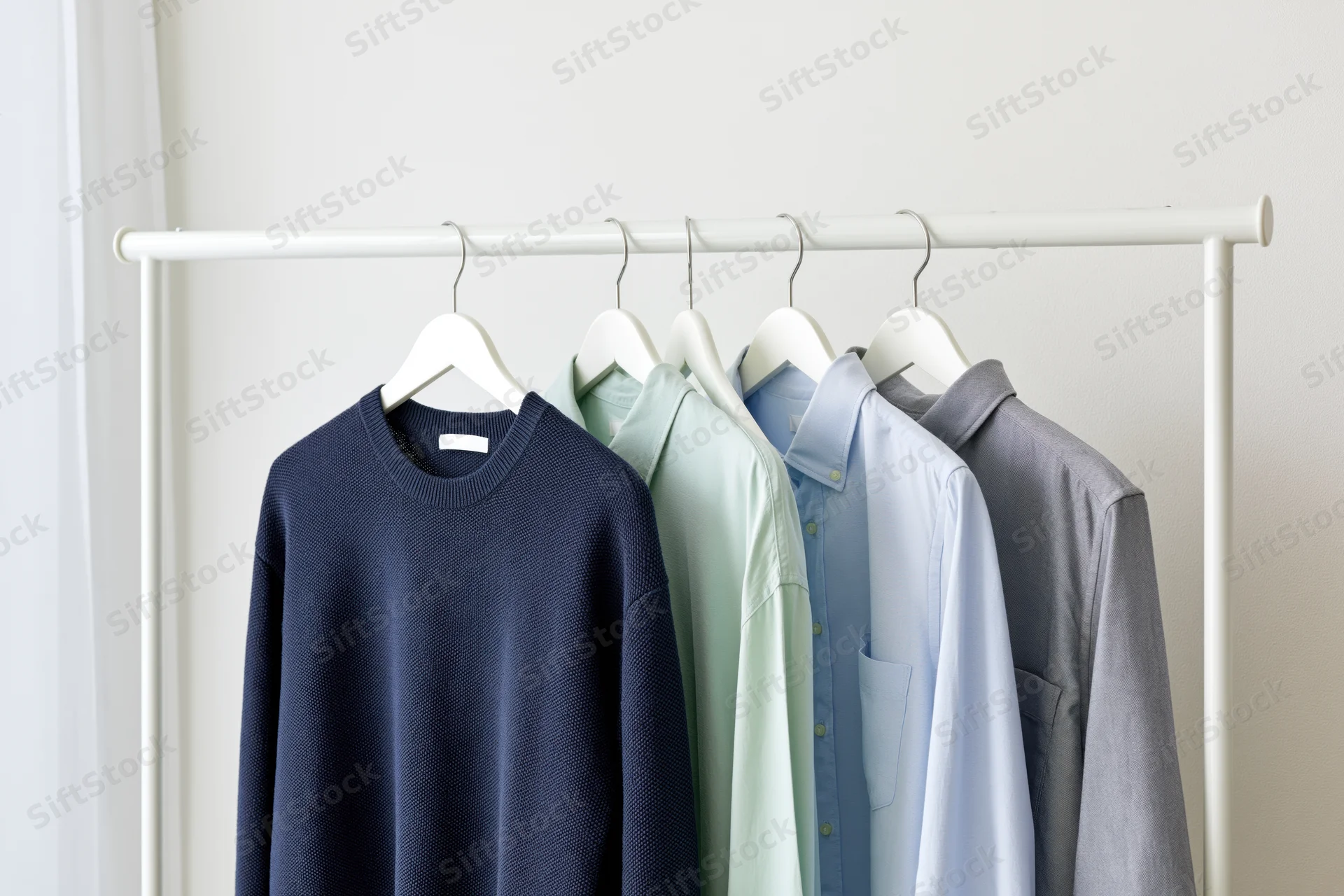 Several garments including a sweater and shirts hanging on a white metal rack in a minimalist interior
