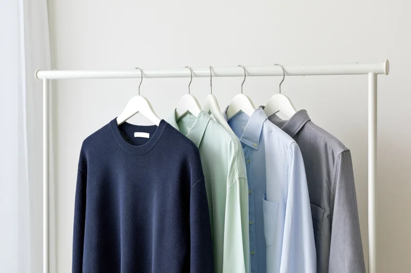 Several garments including a sweater and shirts hanging on a white metal rack in a minimalist interior