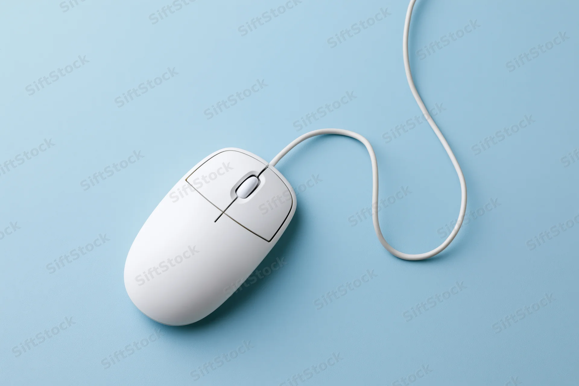 White wired computer mouse with scroll wheel on blue background
