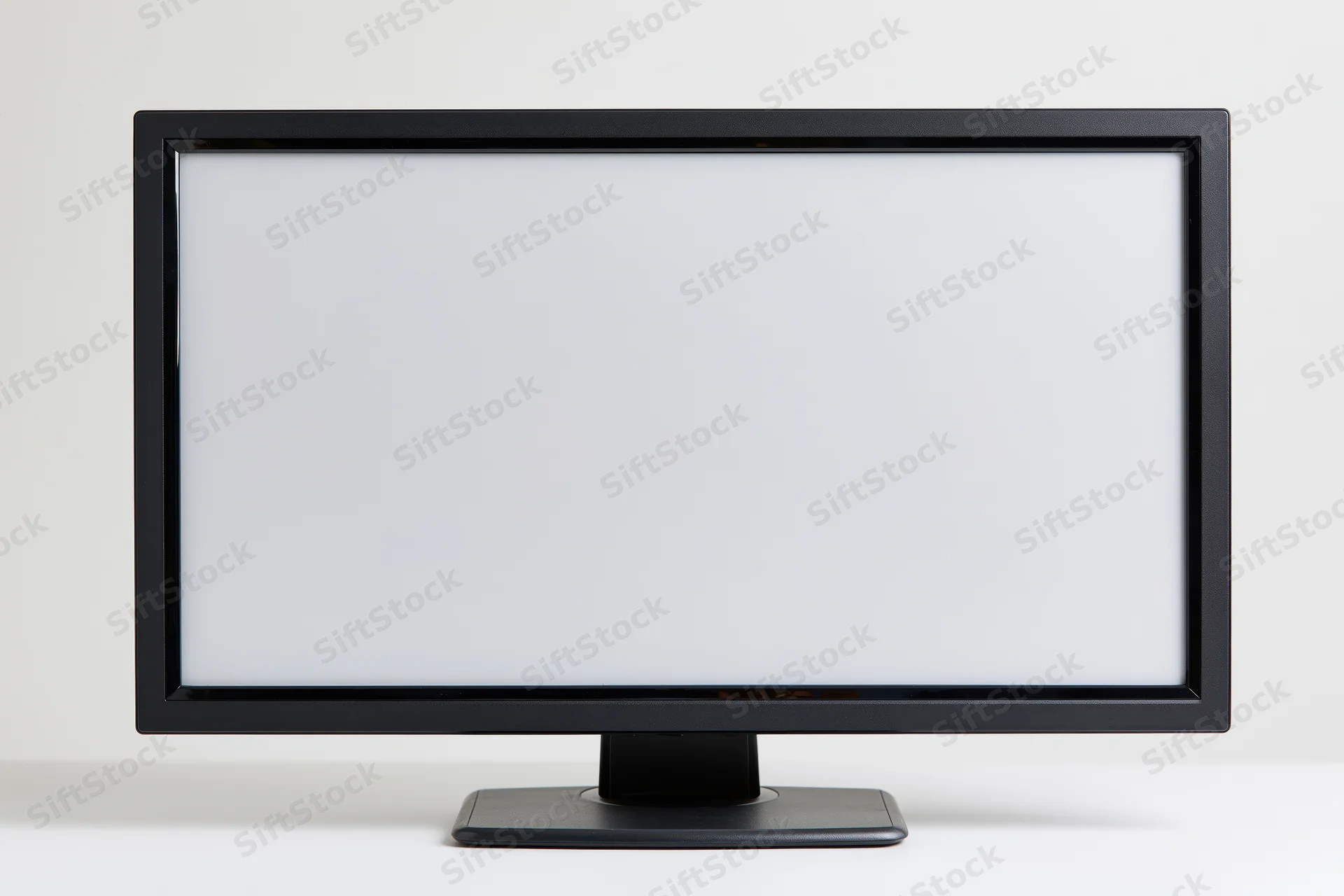 Widescreen desktop computer monitor with blank white screen on white surface