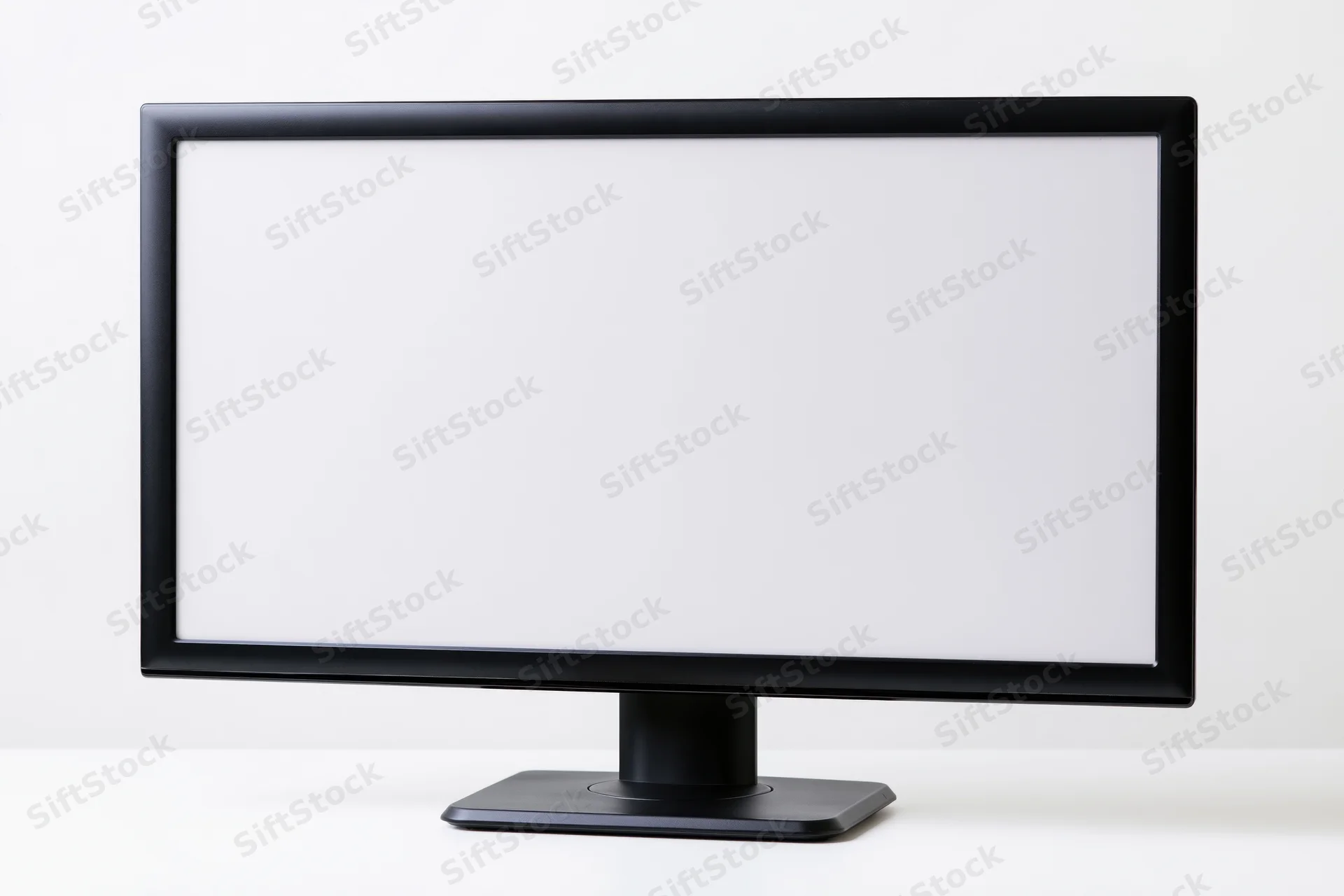 Widescreen desktop computer monitor with blank white screen on white surface
