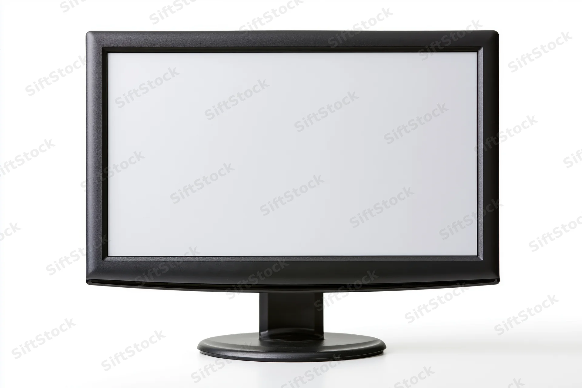Black widescreen desktop computer monitor with blank white screen on white background