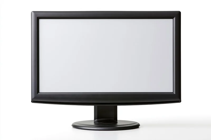 Black widescreen desktop computer monitor with blank white screen on white background