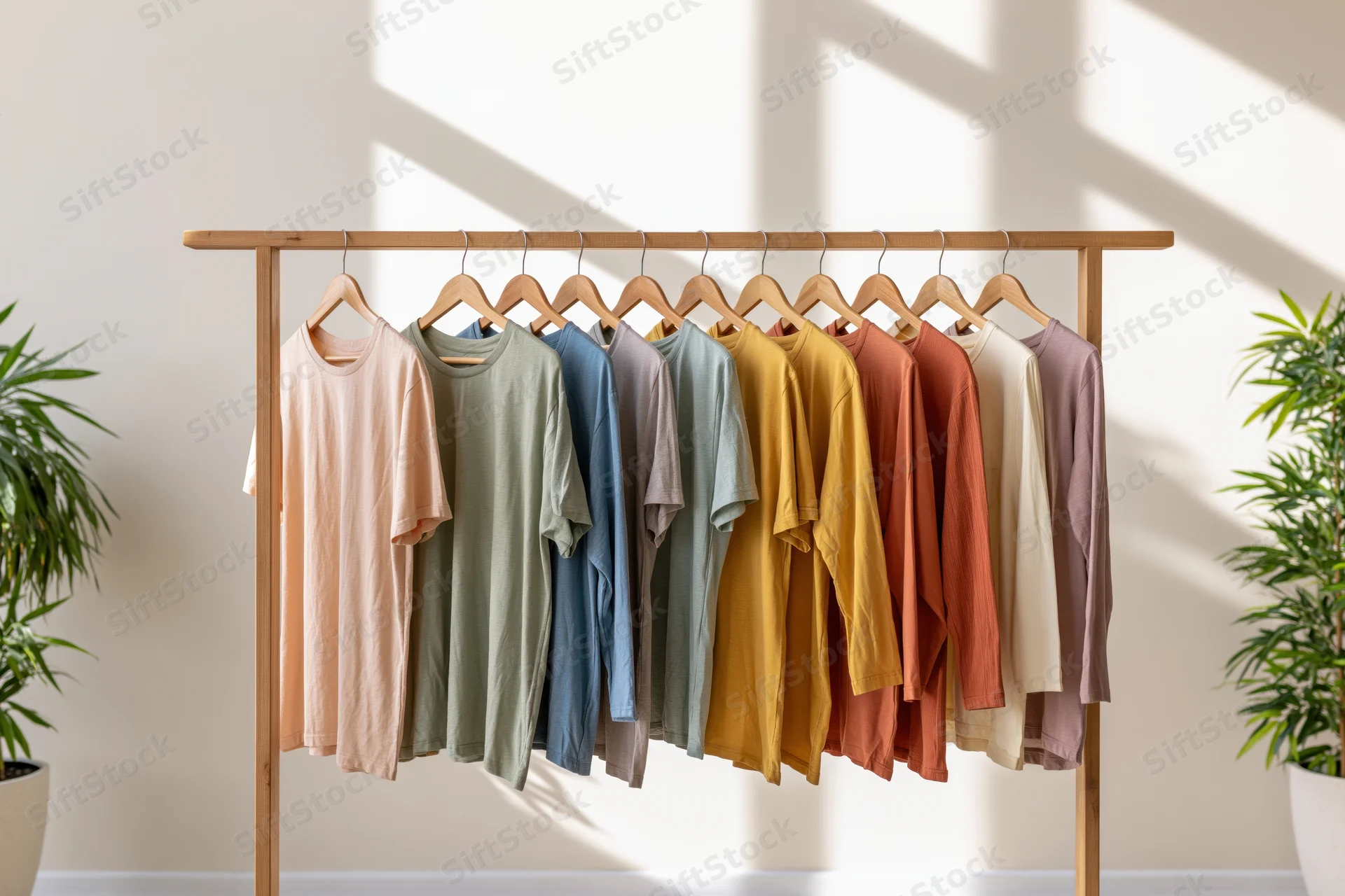 Wooden rack holding a row of casual t-shirts in soft colors, flanked by potted plants in a bright room