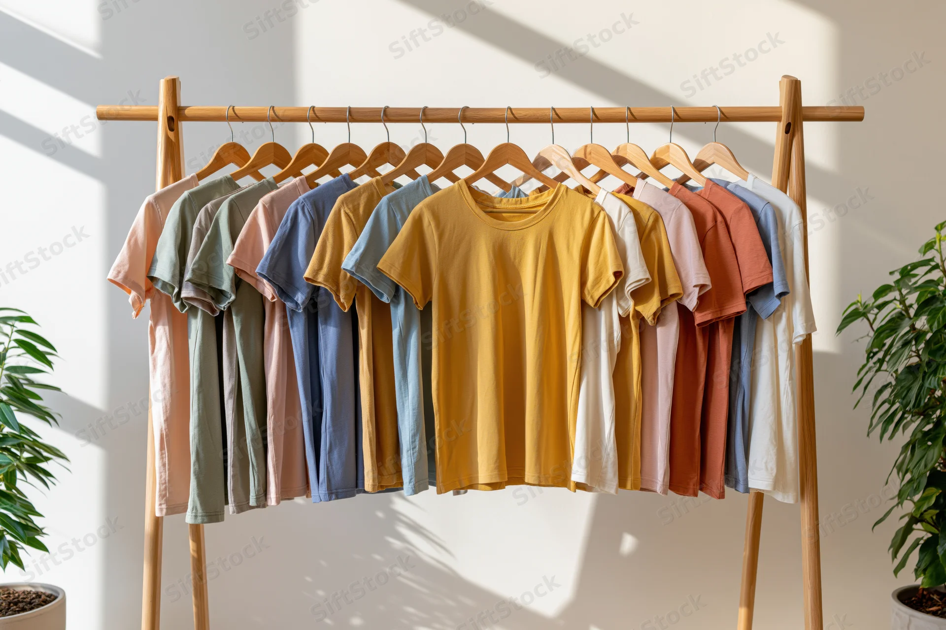 Row of casual t-shirts hanging on a wooden rack in a bright indoor space with plants on either side