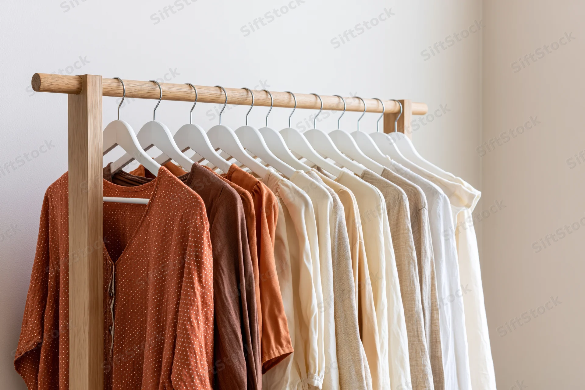 Wooden clothing rack holding row of neutral-toned garments in minimalist home setting