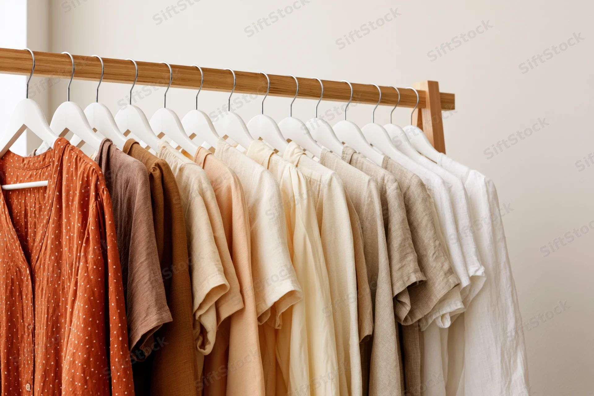 Row of neutral-toned garments on white hangers arranged on a wooden clothing rack in a minimalist setting