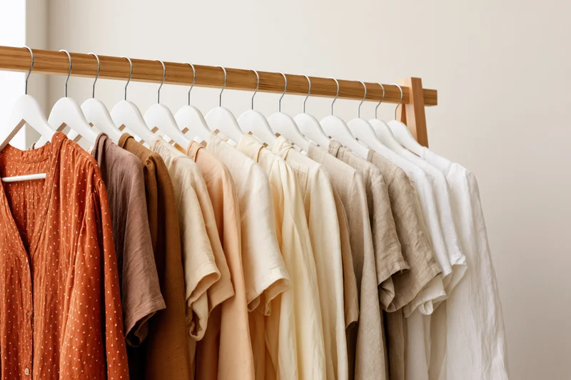 Row of neutral-toned garments on white hangers arranged on a wooden clothing rack in a minimalist setting