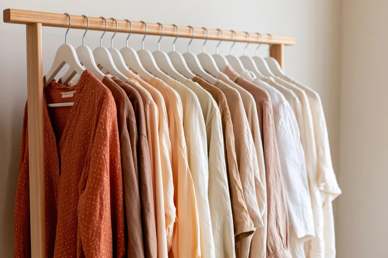 Wooden clothing rack holding row of neutral-toned shirts and blouses on white hangers against light wall