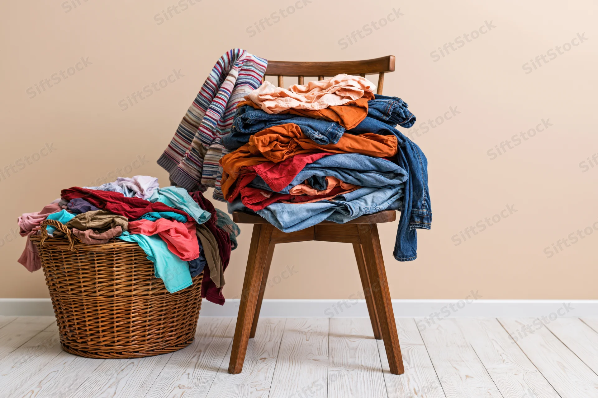 Messy pile of clothes on a wooden midcentury chair and in a wicker basket on a light wooden floor