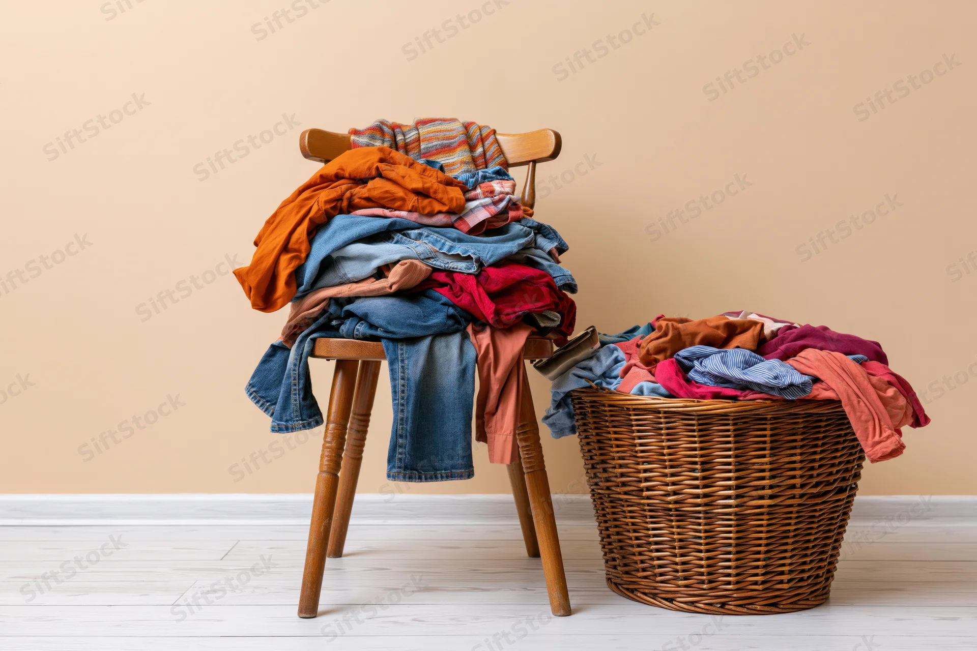 Messy pile of clothes on wooden chair and in wicker basket in home interior