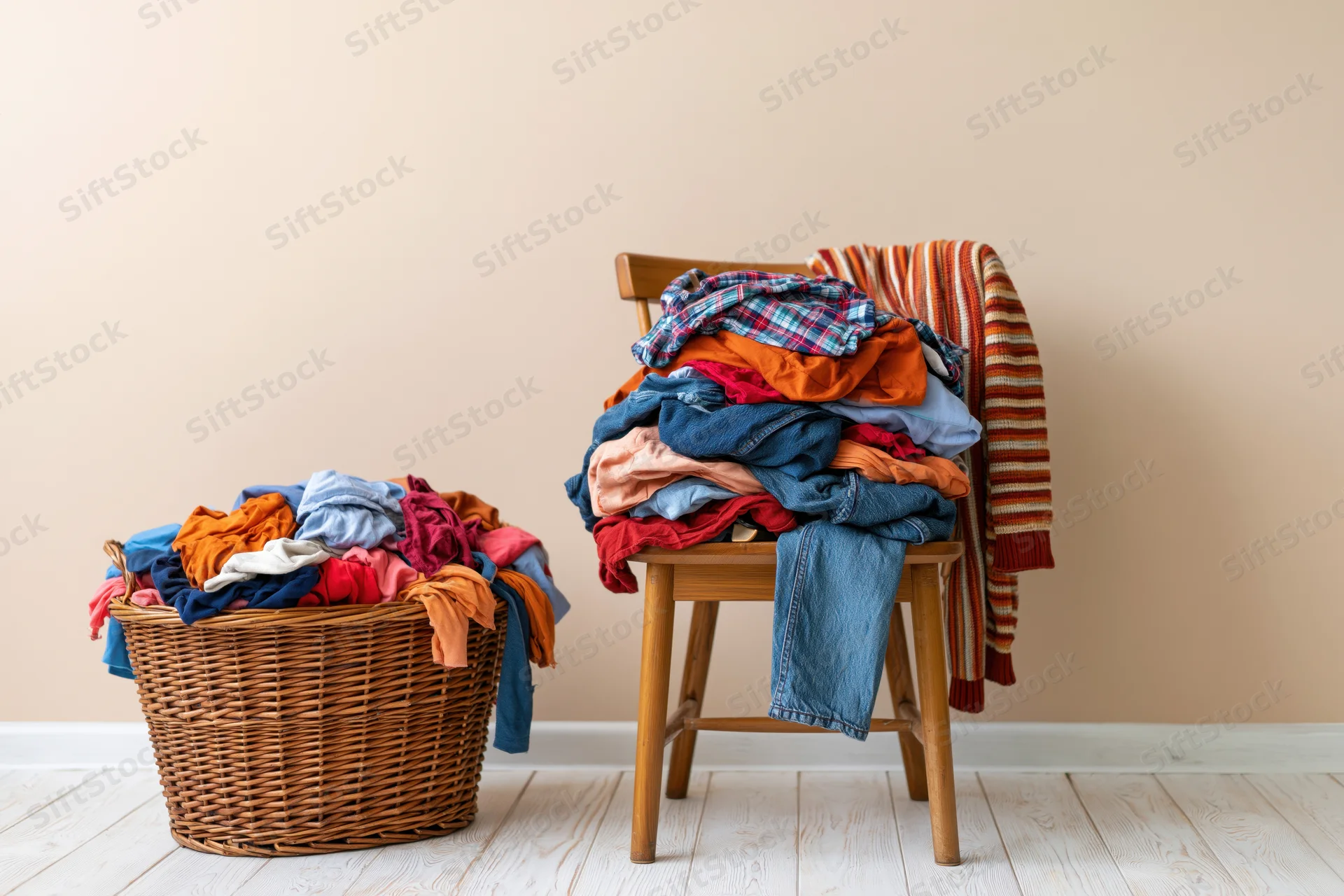 Messy pile of clothes on a wooden midcentury chair and in a wicker basket in a home interior