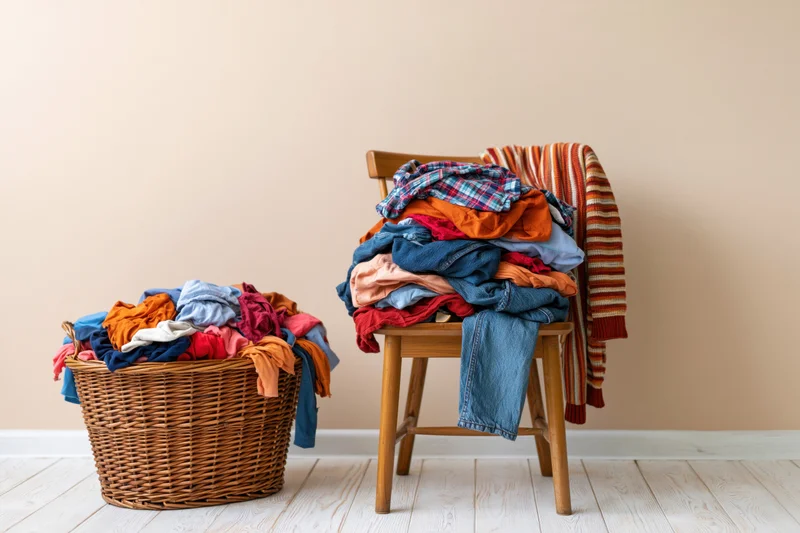 Messy pile of clothes on a wooden midcentury chair and in a wicker basket in a home interior