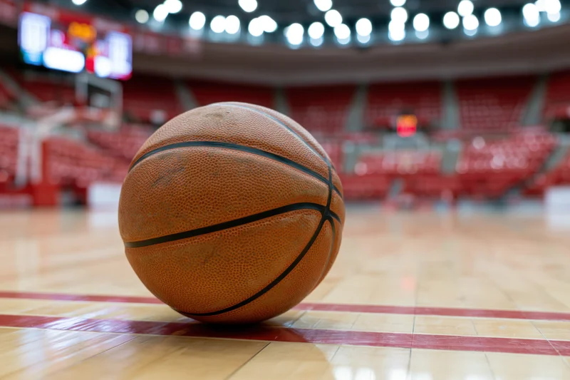 Worn leather basketball resting on painted court line in indoor arena