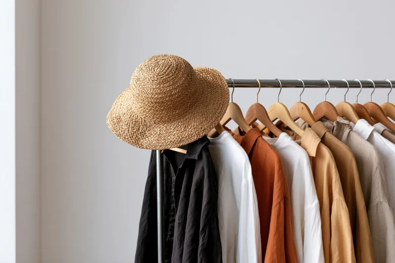 Woven straw hat hanging on metal clothing rack with shirts in neutral tones